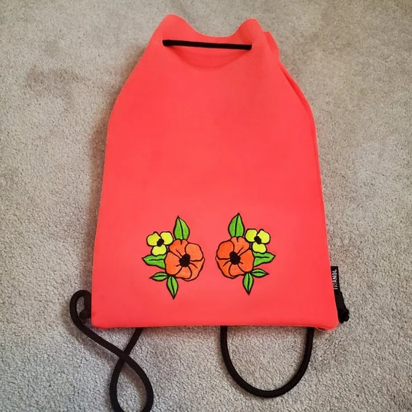 TRIANGL Floral Embroidered Neoprene Backpack Bag Rope Beach Summer Coral Neon - Picture 3 of 13